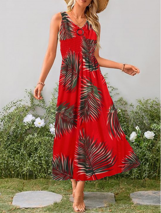 Palm Leaves V -Neck Sleeveless Summer Dress